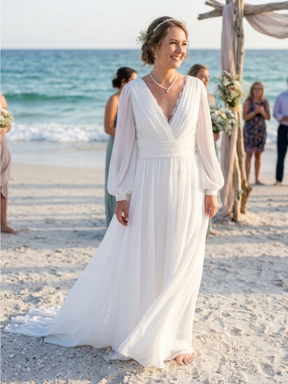 Elegant White Long Sleeve V-Neck Chiffon Wedding Dress